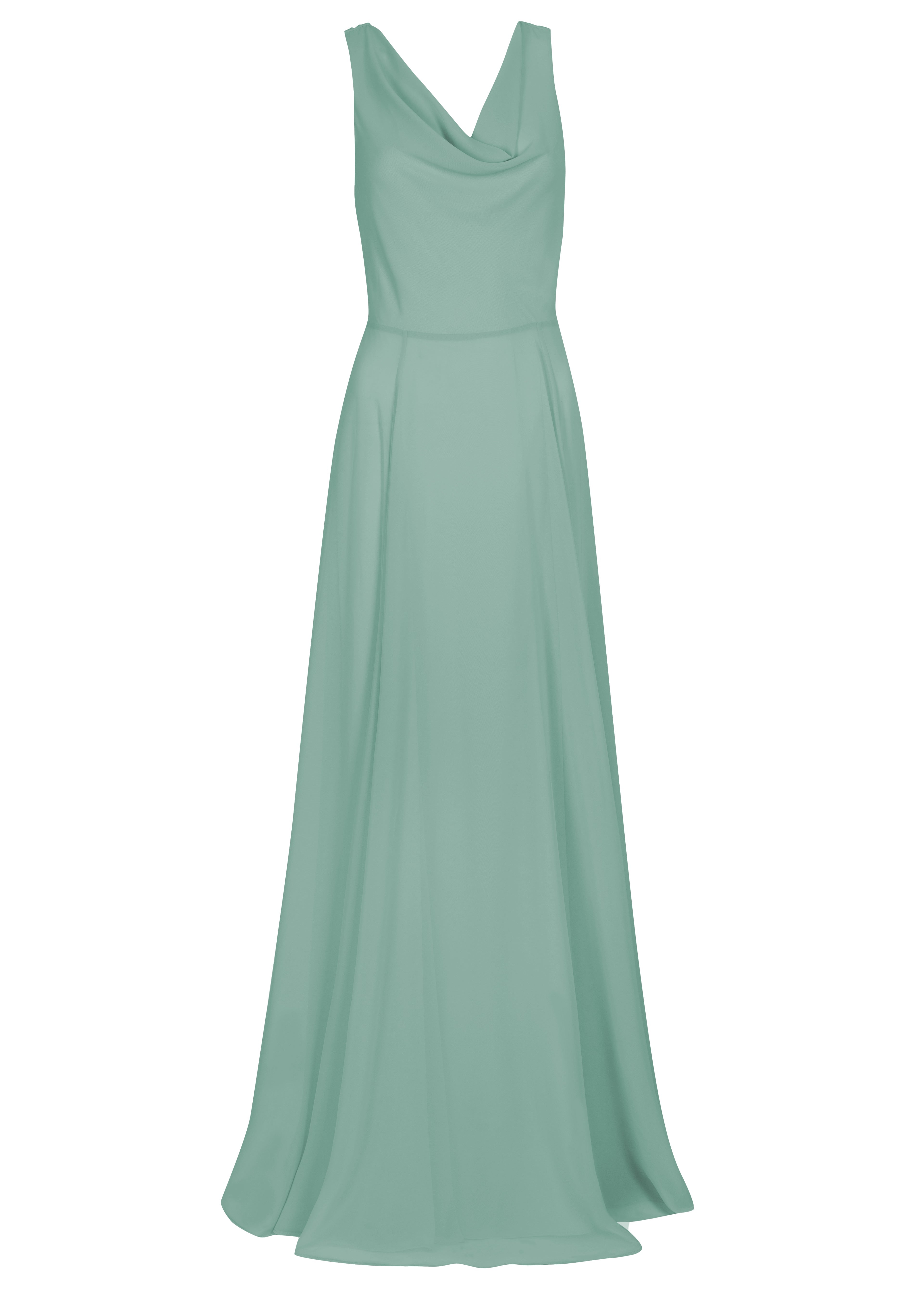 A sage green bridesmaid dress in chiffon with cowl neckline and flowing chiffon skirt  on a white back ground by TH&TH Bridesmaids. 