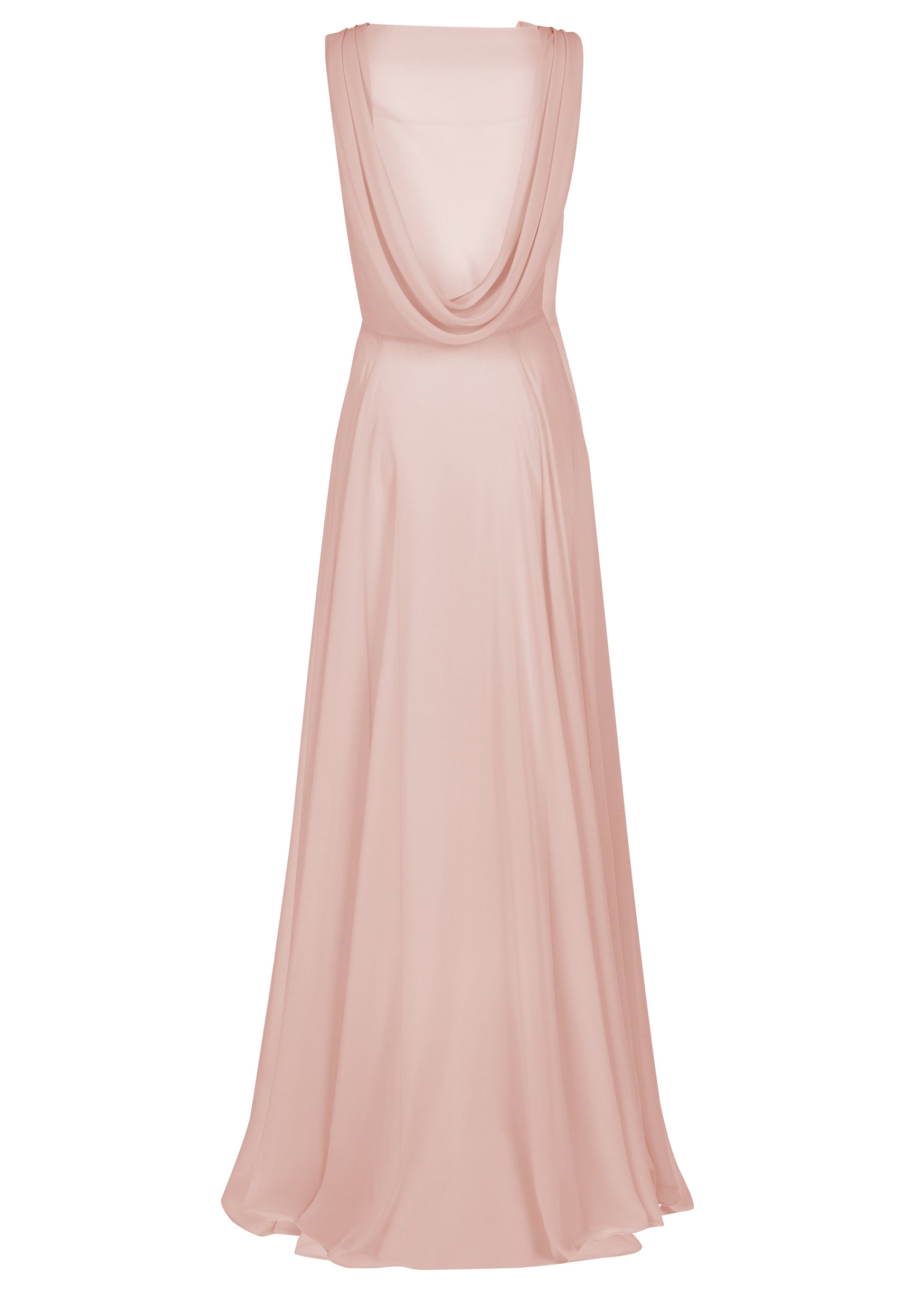 A blush pink bridesmaid dress in chiffon with low cowl back and flowing chiffon skirt by TH&TH Bridesmaids.
