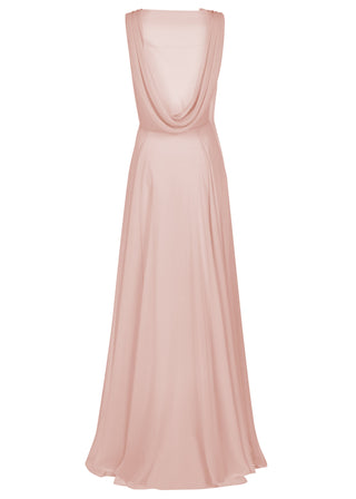 A blush pink bridesmaid dress in chiffon with low cowl back and flowing chiffon skirt by TH&TH Bridesmaids.
