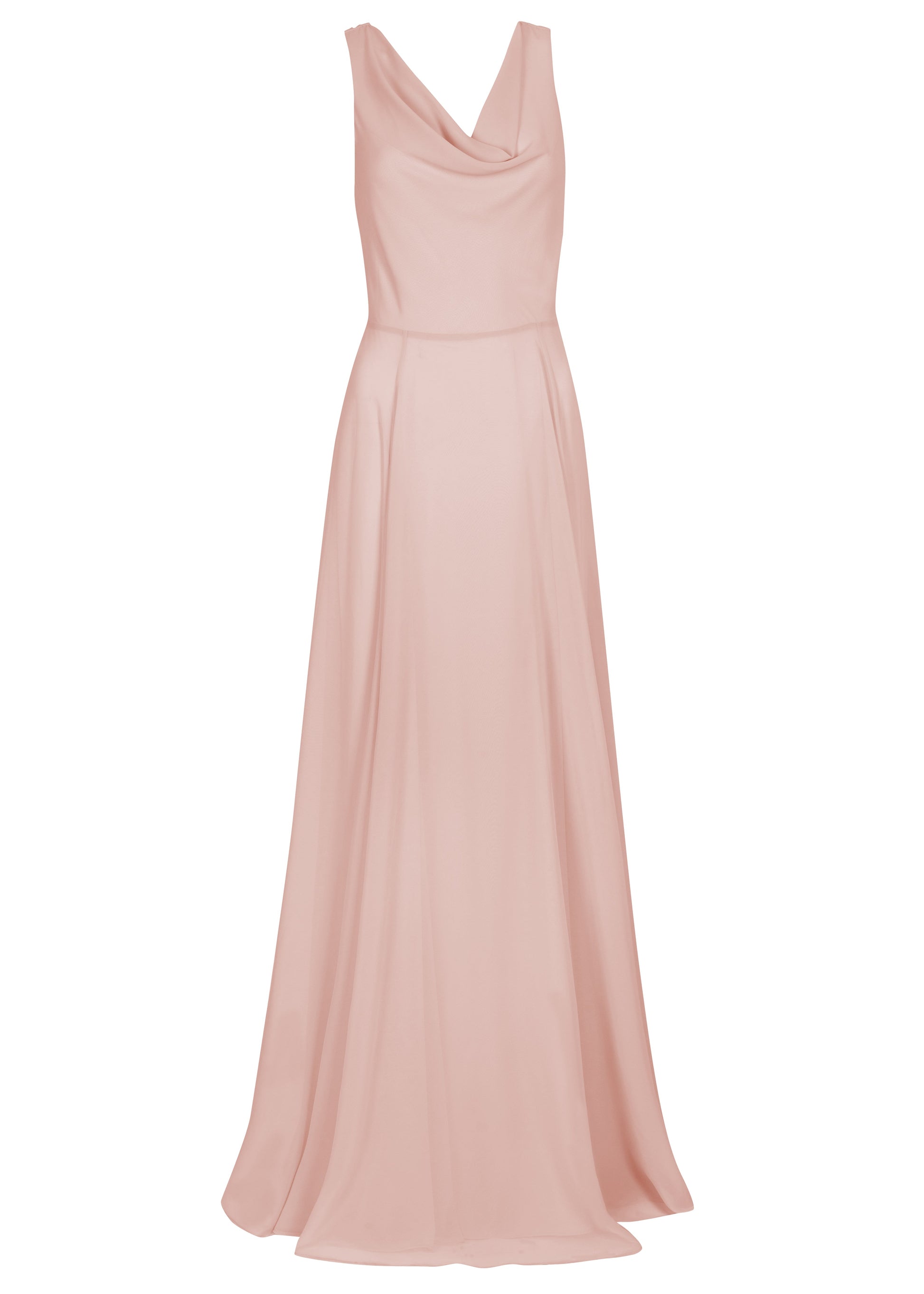 A blush pink bridesmaid dress in chiffon with cowl neckline and flowing chiffon skirt by TH&TH Bridesmaids.
