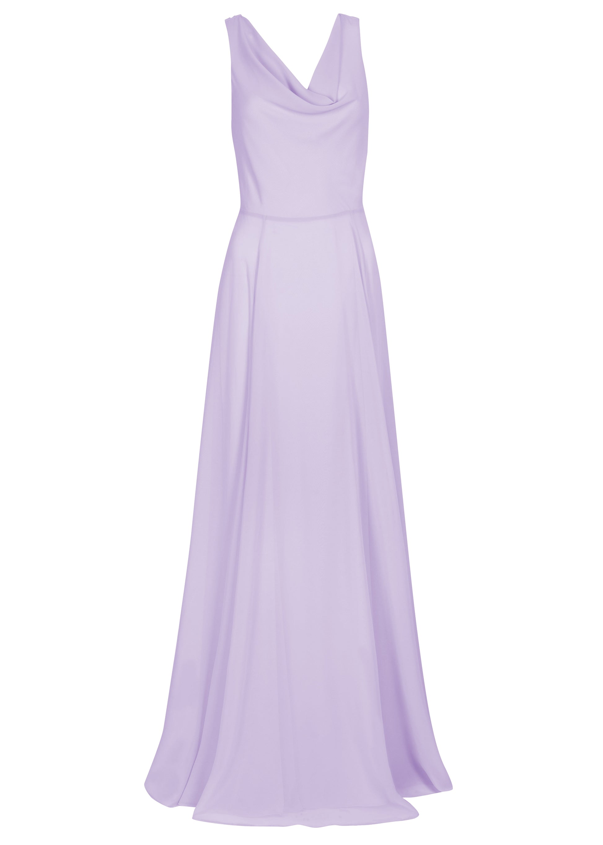 A lilac bridesmaid dress in chiffon with cowl neckline and flowing chiffon skirt by TH&TH Bridesmaids