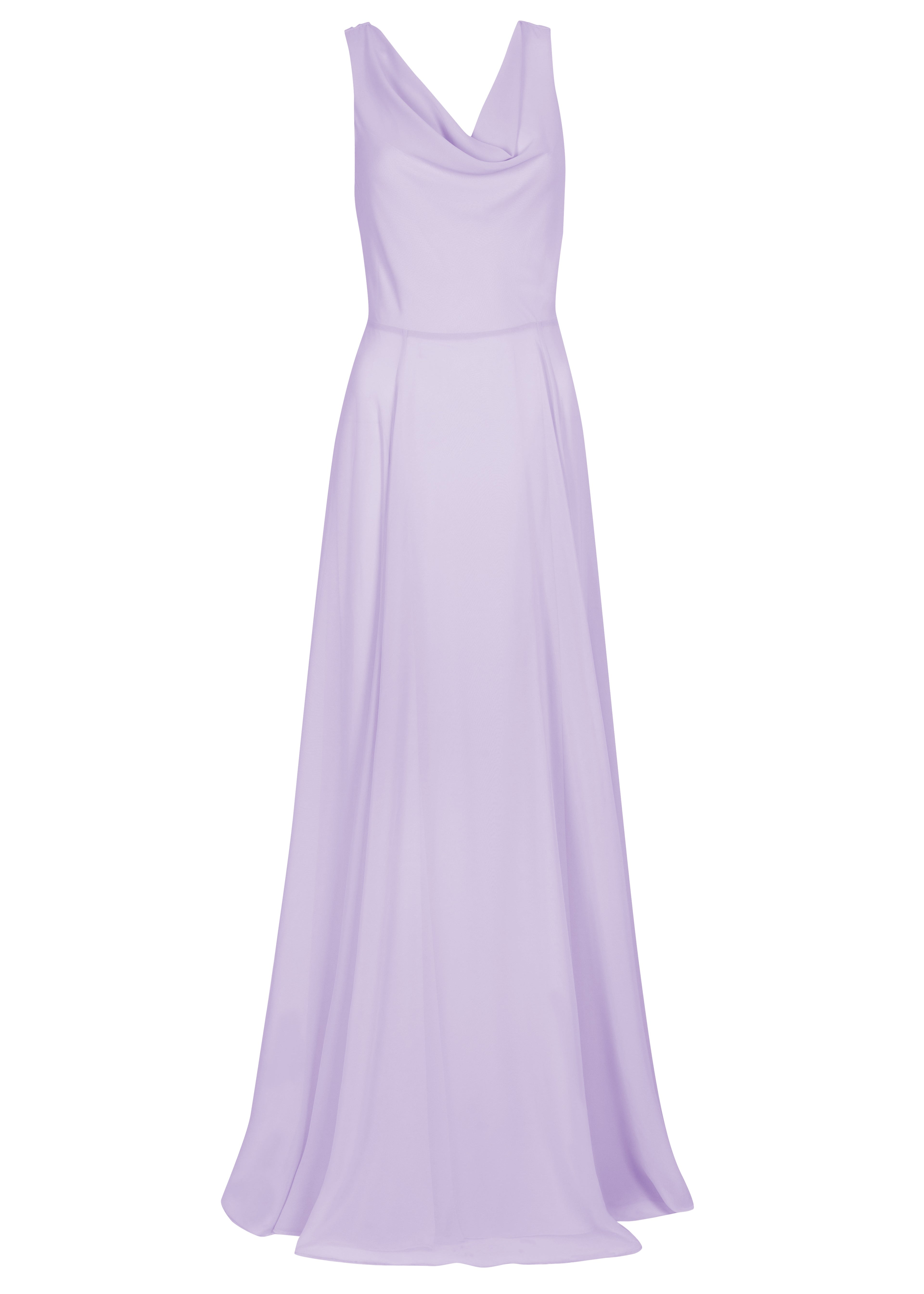 A lilac bridesmaid dress in chiffon with cowl neckline and flowing chiffon skirt by TH&TH Bridesmaids