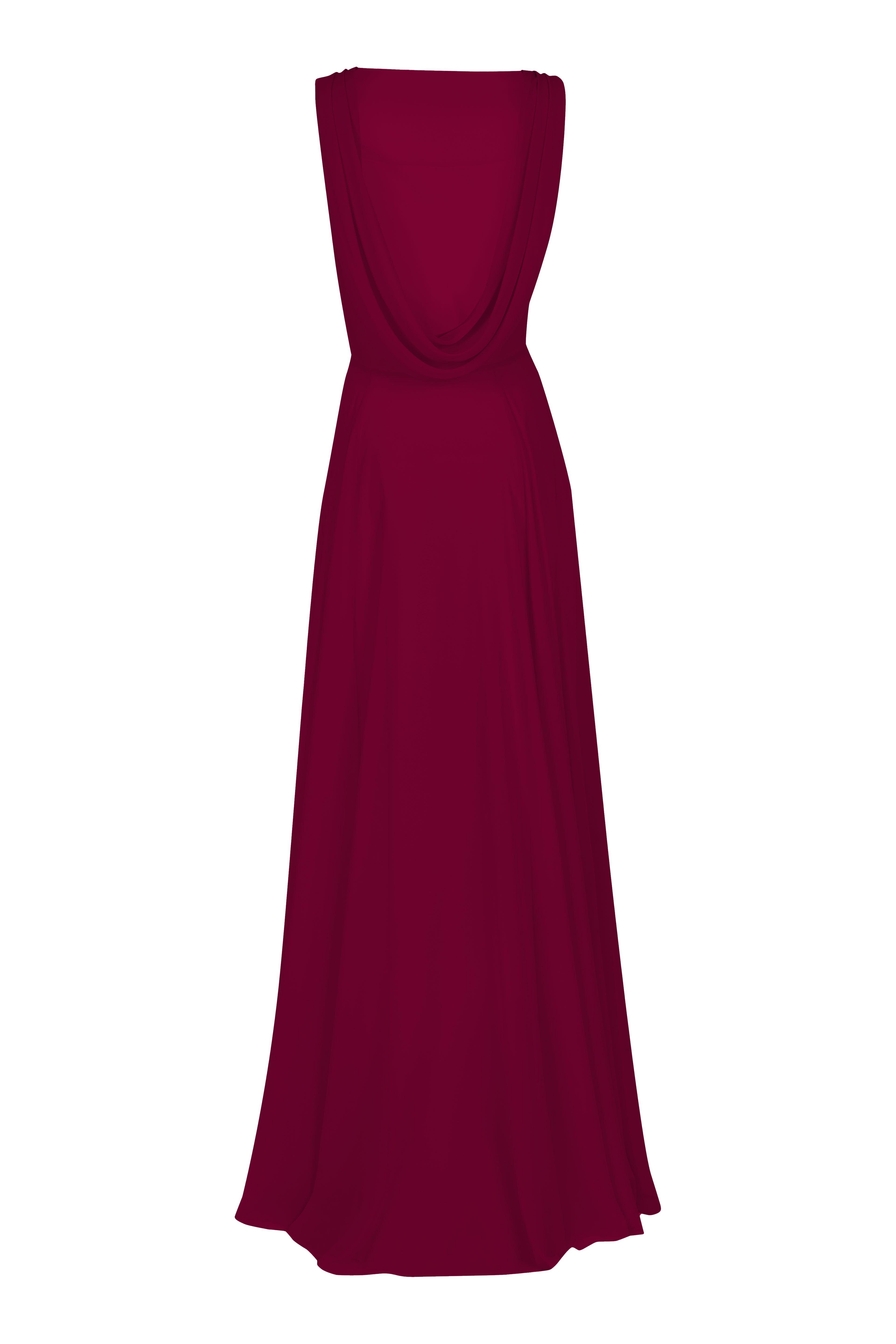 A merlot bridesmaid dress in chiffon with cowl neckline and flowing chiffon skirt by TH&TH Bridesmaids.

