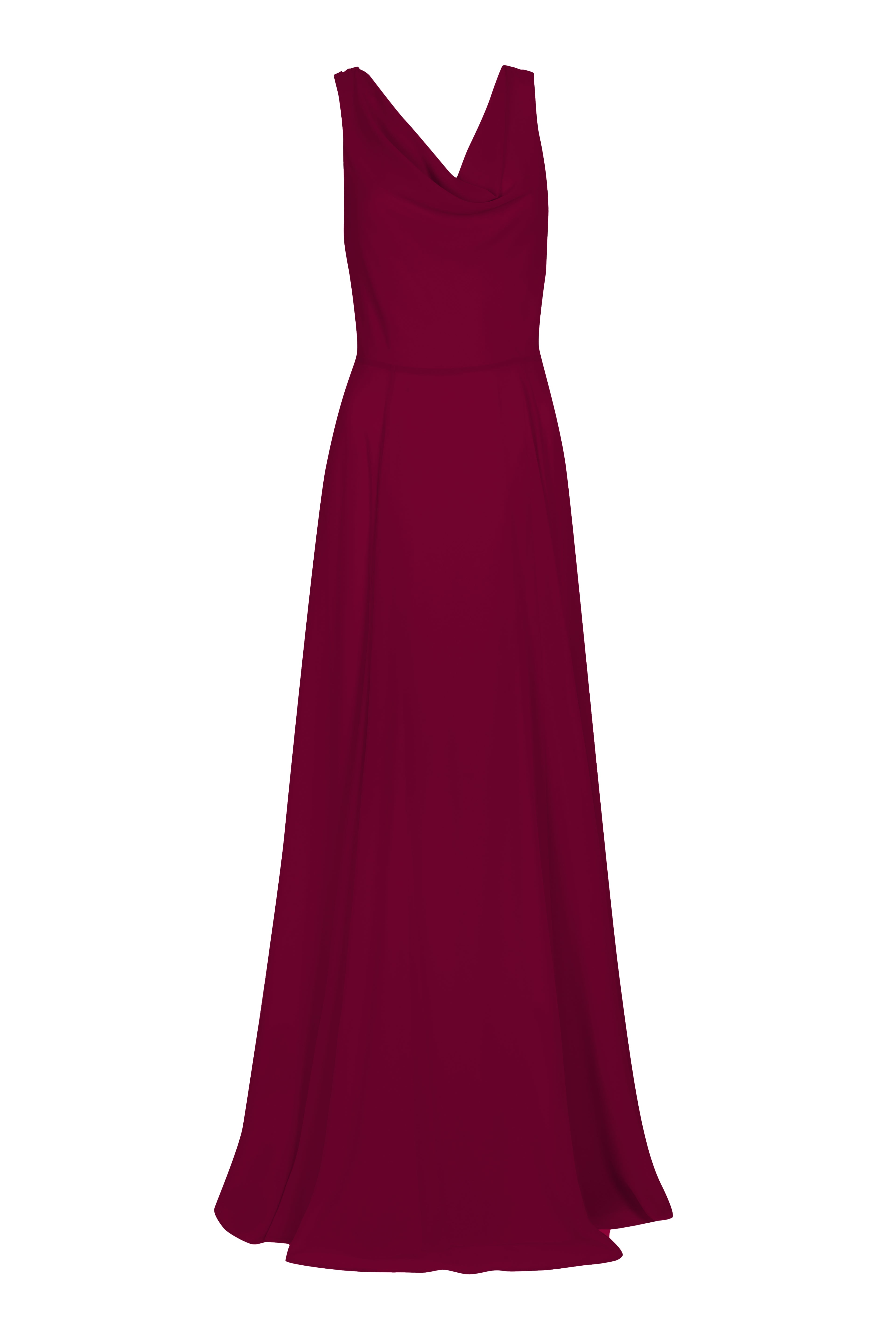 Model wearing a merlot bridesmaid dress in chiffon with cowl neckline and flowing chiffon skirt by TH&TH Bridesmaids.
