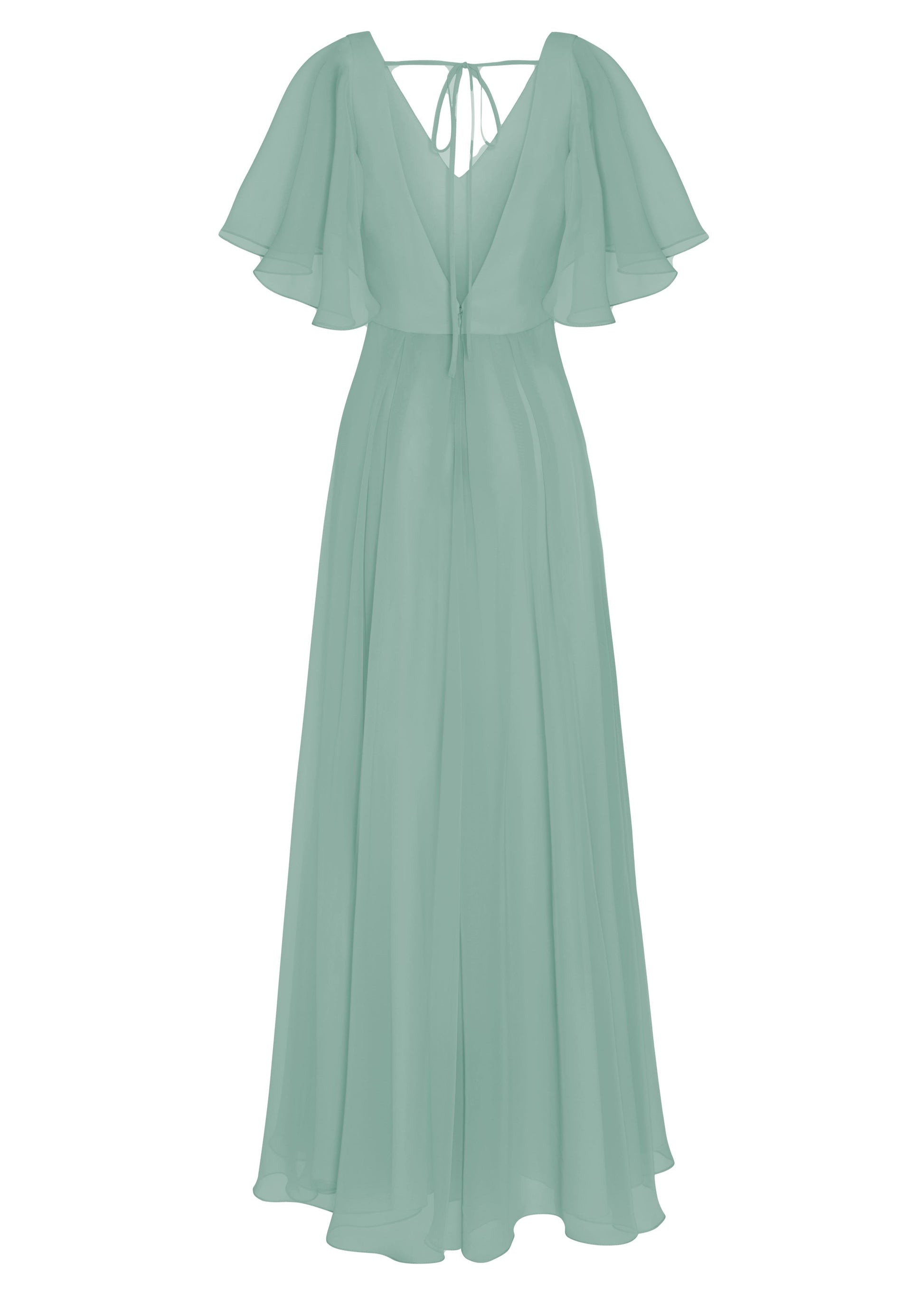 A sage green bridesmaid dress in chiffon with very low v back, flutter sleeves and flowing chiffon skirt by TH&TH Bridesmaids. 
