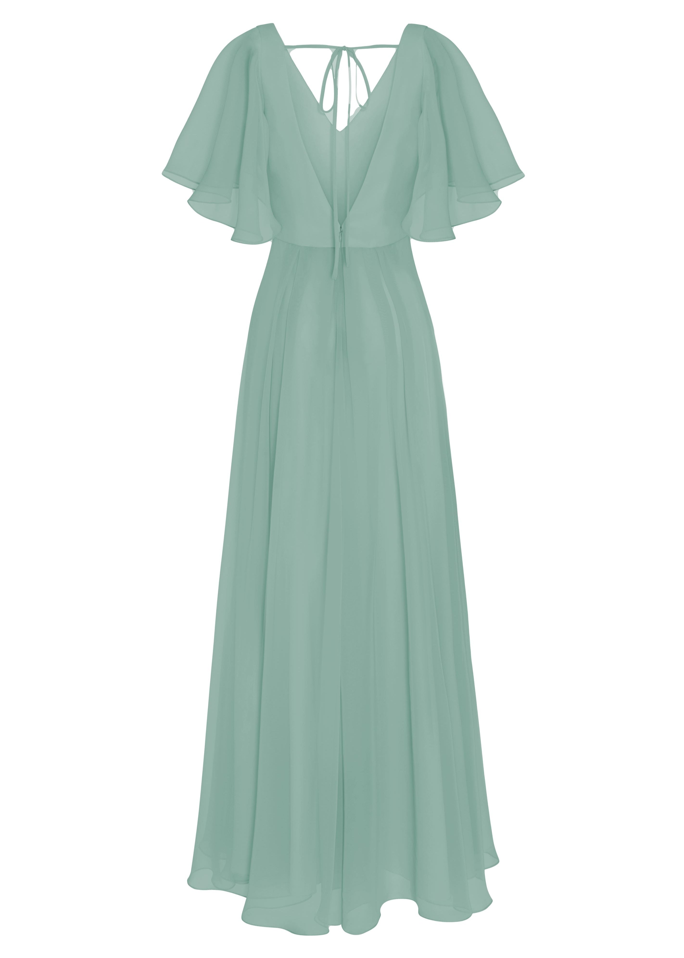 A sage green bridesmaid dress in chiffon with very low v back, flutter sleeves and flowing chiffon skirt by TH&TH Bridesmaids. 
