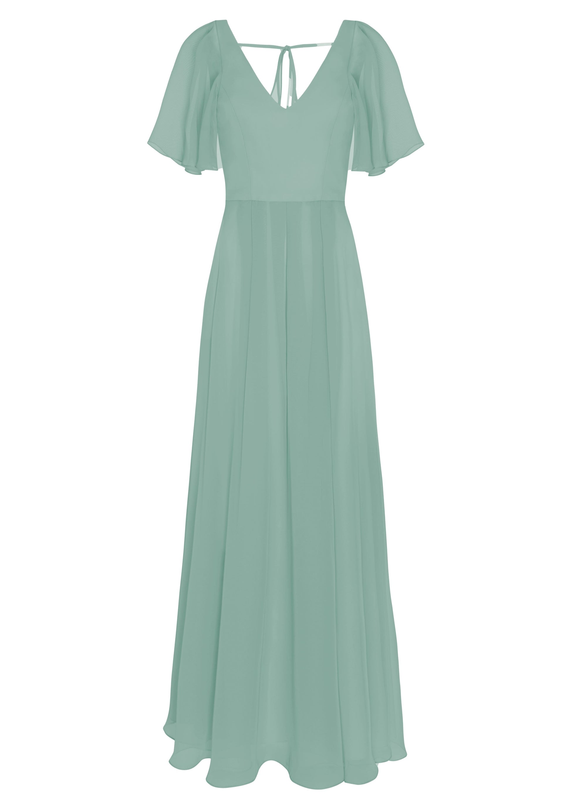A sage green bridesmaid dress in chiffon with v front neckline, flutter sleeves and flowing chiffon skirt by TH&TH Bridesmaids. 