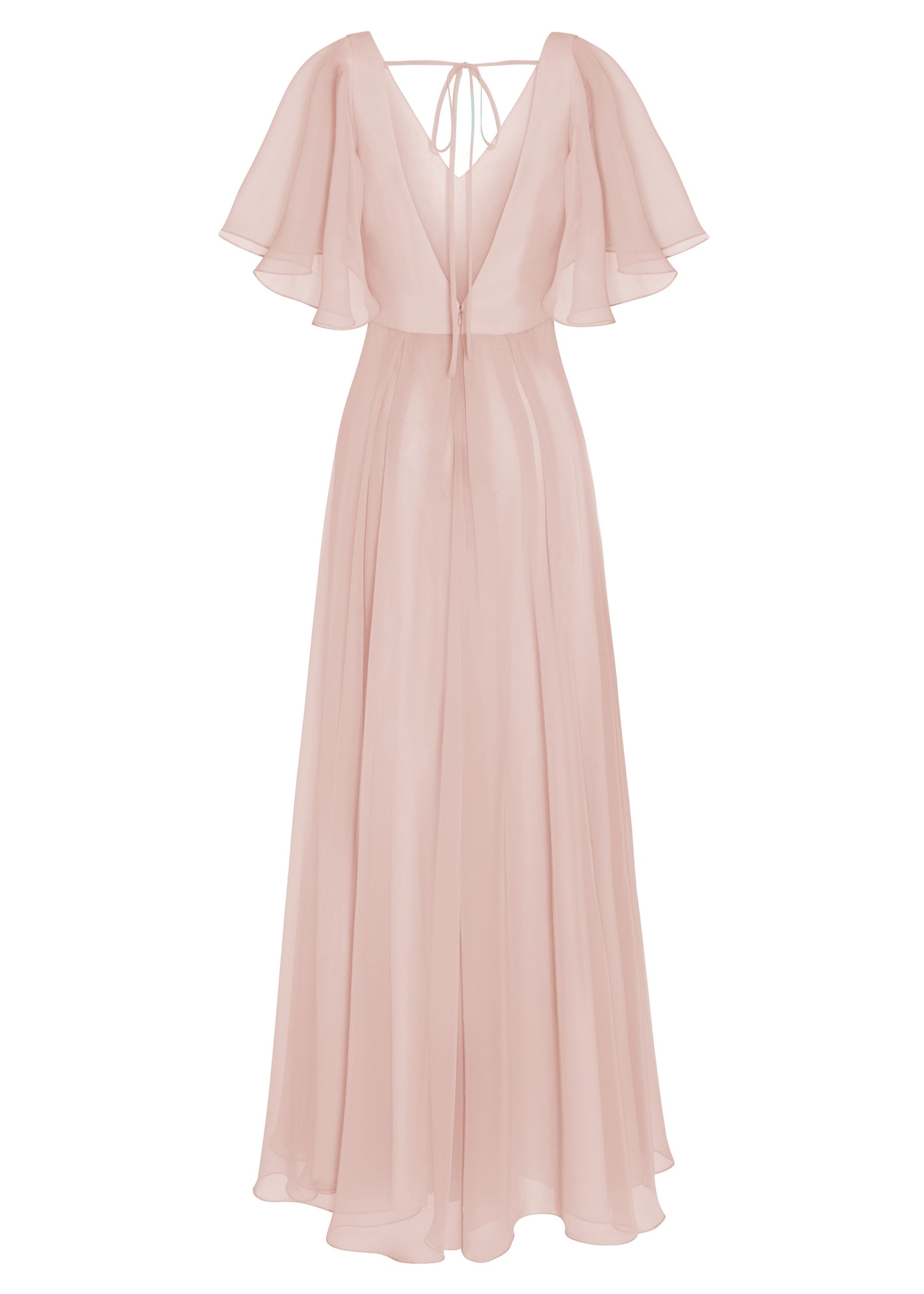 A blush pink bridesmaid dress in chiffon with open back detail, flutter sleeves and flowing chiffon skirt by TH&TH Bridesmaids. 
