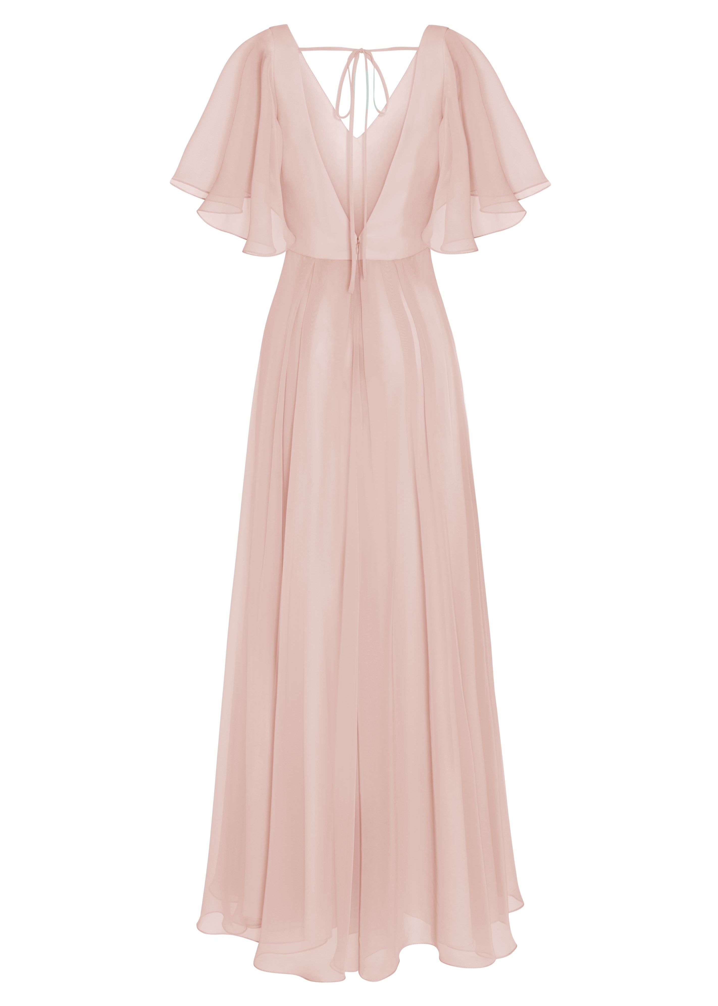 A blush pink bridesmaid dress in chiffon with open back detail, flutter sleeves and flowing chiffon skirt by TH&TH Bridesmaids. 
