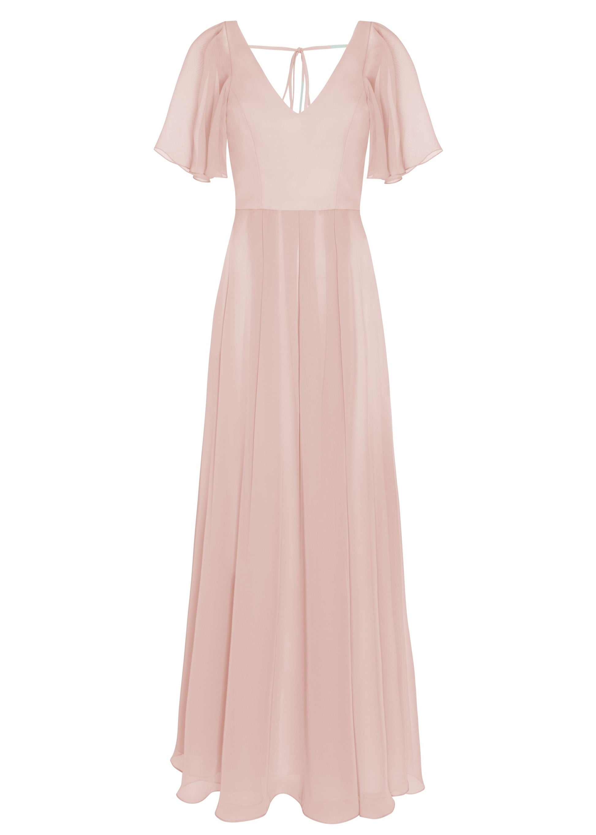 A blush pink bridesmaid dress in chiffon with v front neckline, flutter sleeves and flowing chiffon skirt by TH&TH Bridesmaids. 