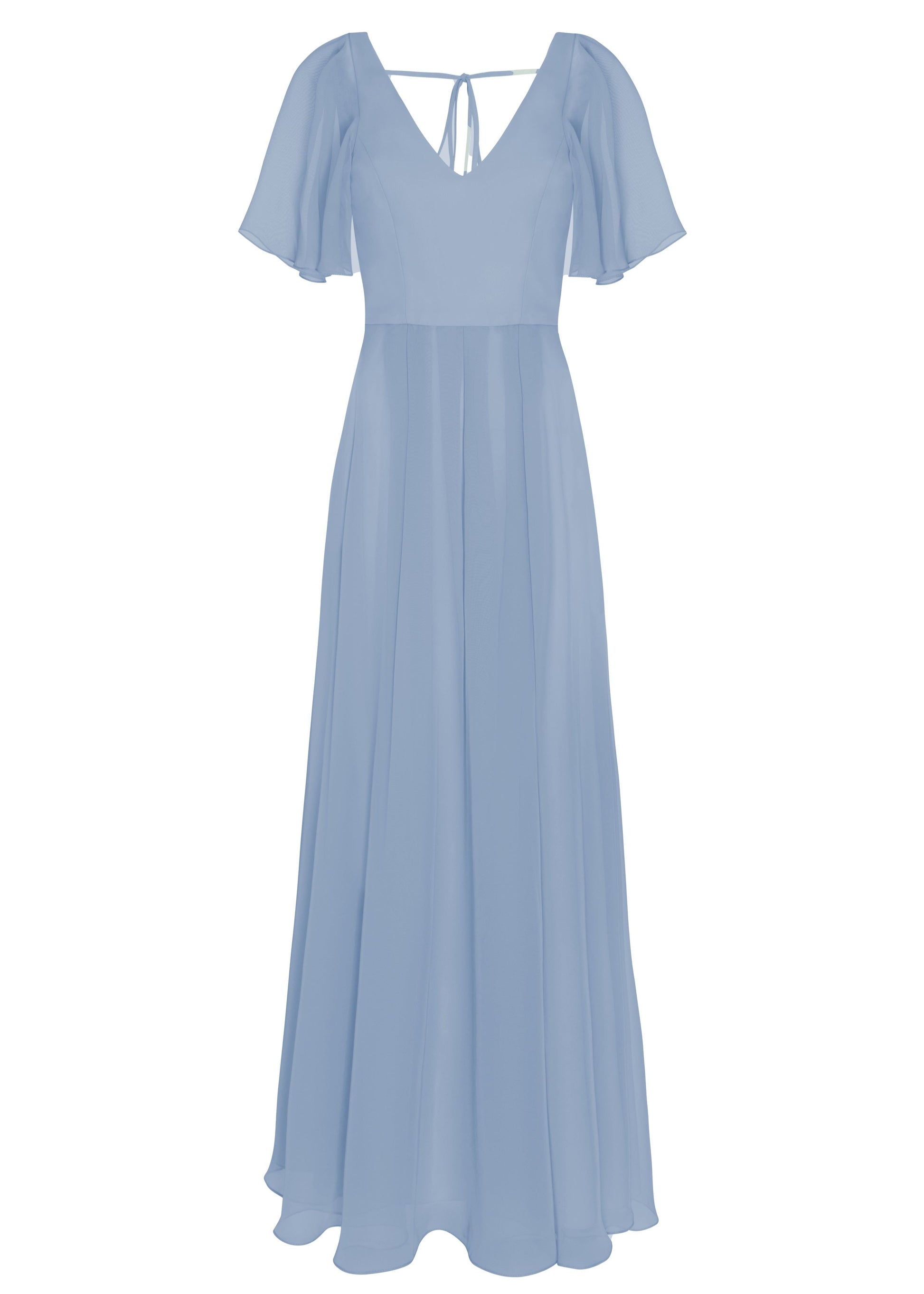 A dusty blue bridesmaid dress in chiffon with v front neckline, flutter sleeves and flowing chiffon skirt by TH&TH Bridesmaids. 