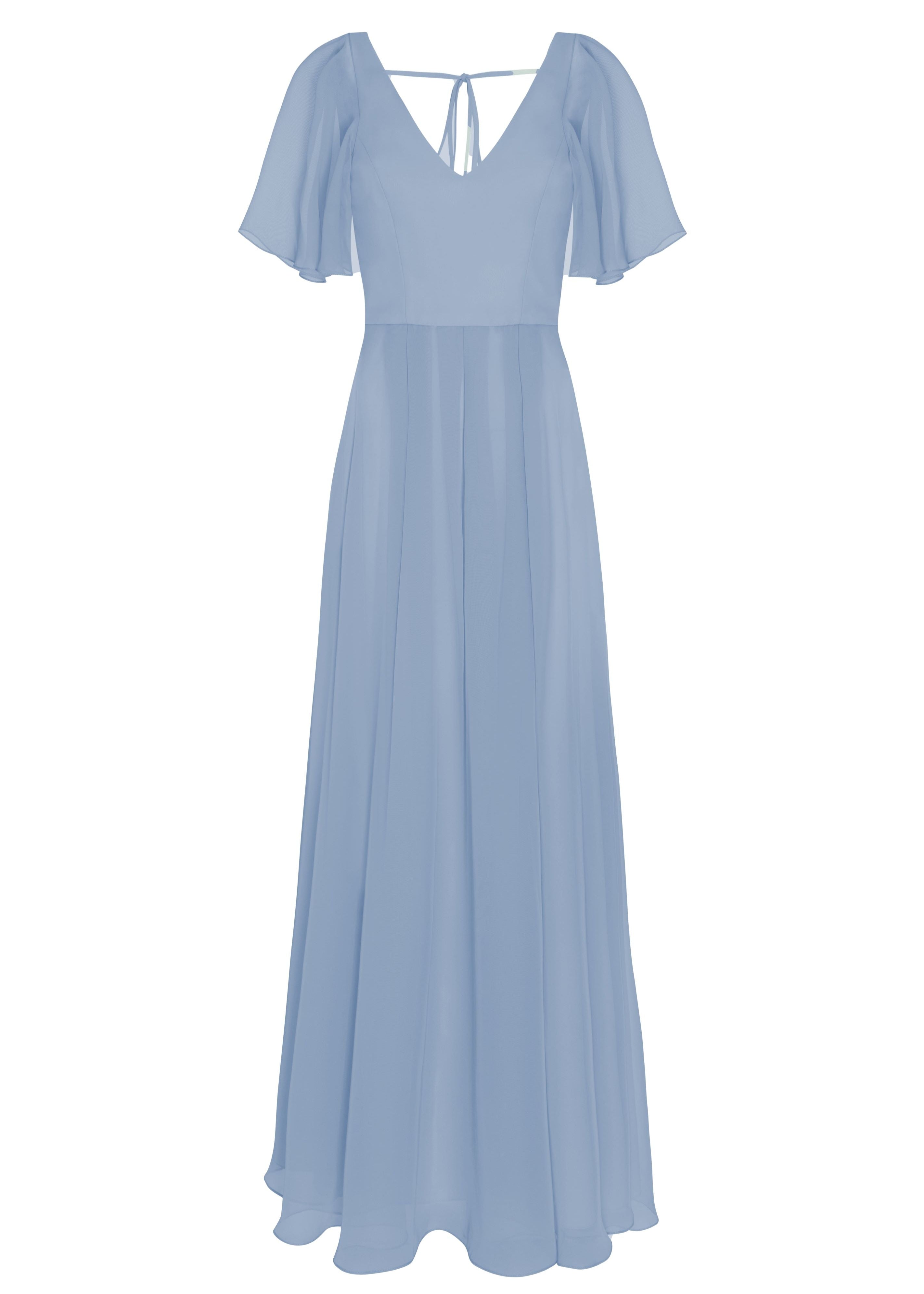A dusty blue bridesmaid dress in chiffon with v front neckline, flutter sleeves and flowing chiffon skirt by TH&TH Bridesmaids. 