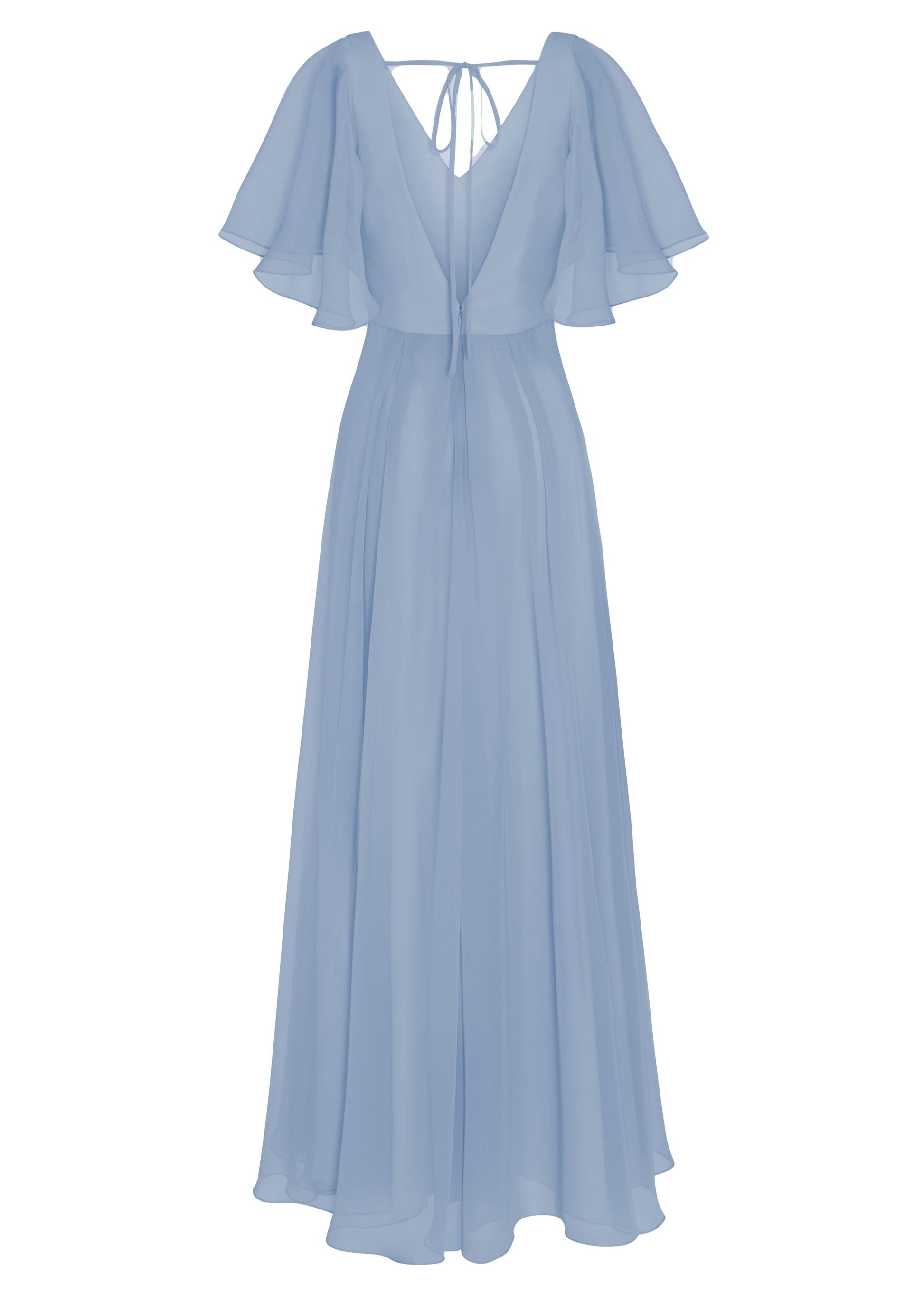 A dusty blue bridesmaid dress in chiffon with low open back, flutter sleeves and flowing chiffon skirt by TH&TH Bridesmaids. 

