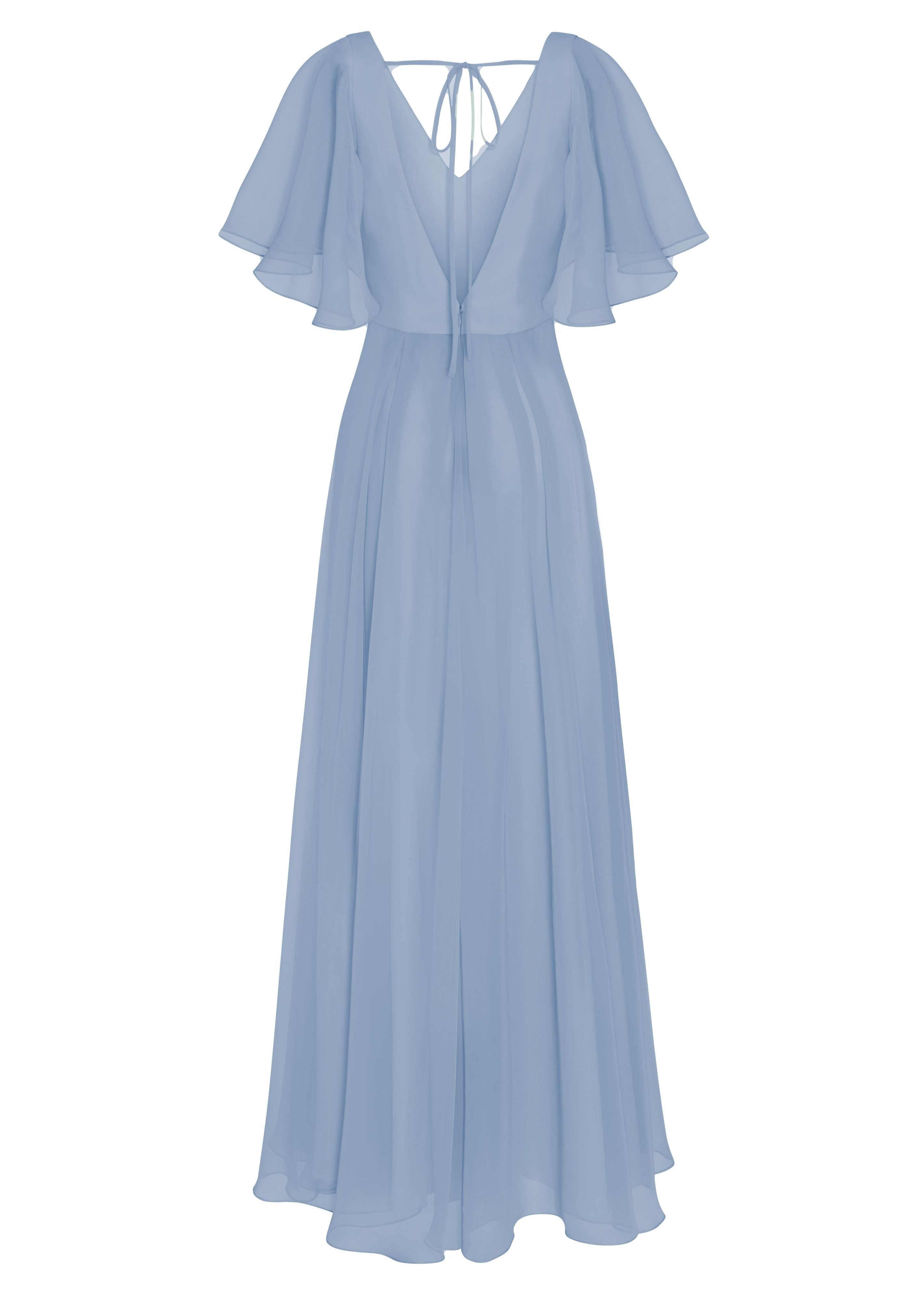 A dusty blue bridesmaid dress in chiffon with low open back, flutter sleeves and flowing chiffon skirt by TH&TH Bridesmaids. 

