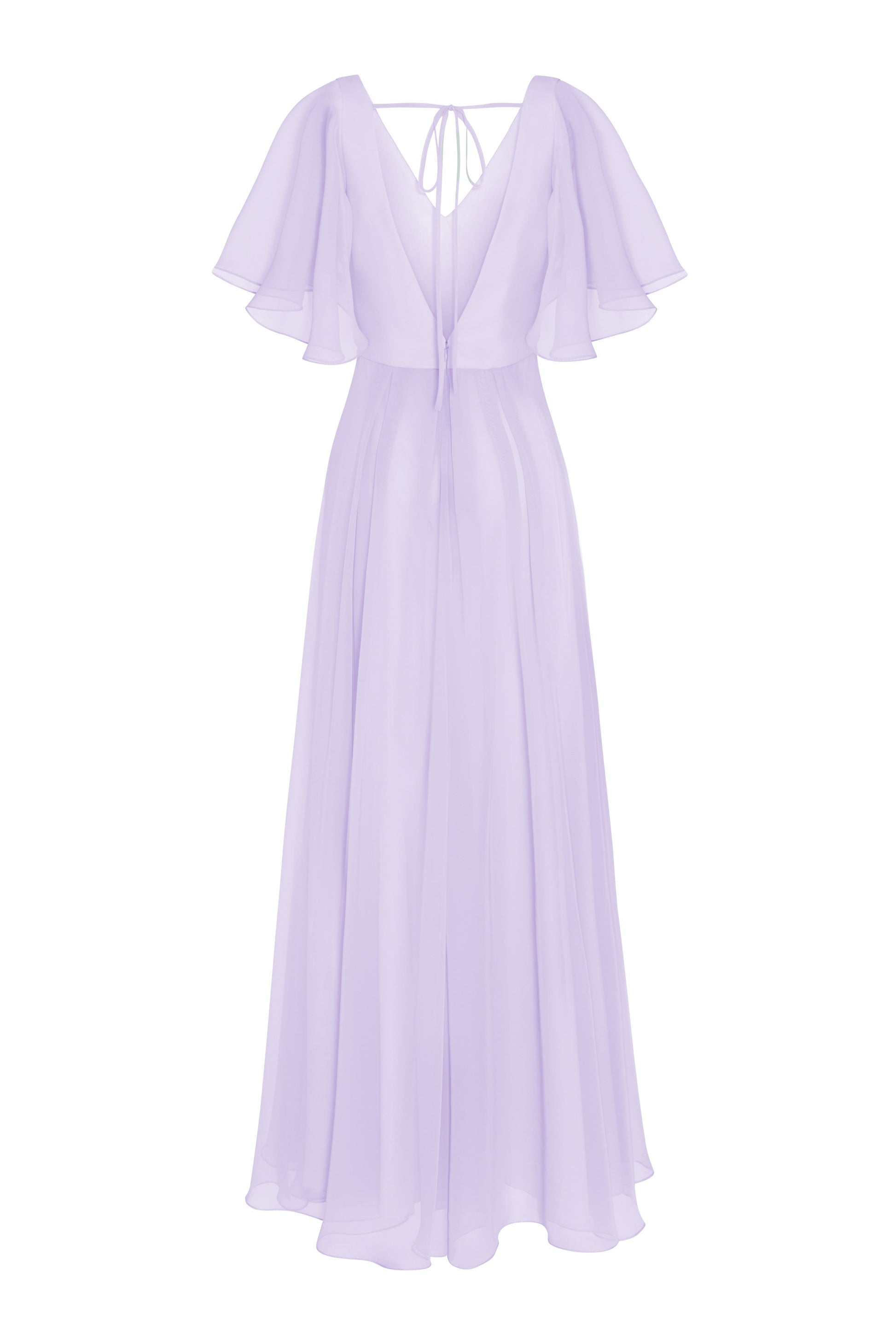 A lilac bridesmaid dress in chiffon with low back detail, flutter sleeves and flowing chiffon skirt by TH&TH Bridesmaids. 