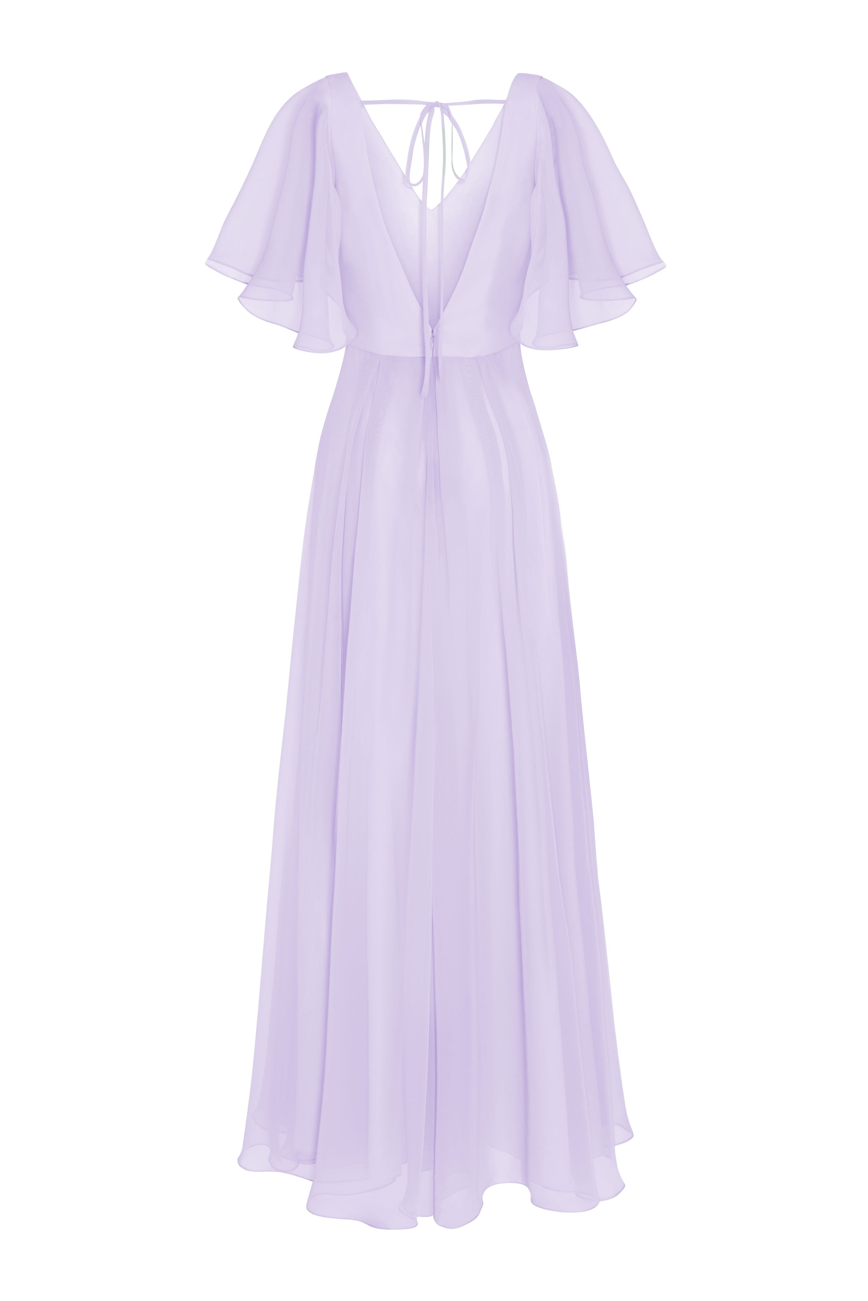 A lilac bridesmaid dress in chiffon with low back detail, flutter sleeves and flowing chiffon skirt by TH&TH Bridesmaids. 