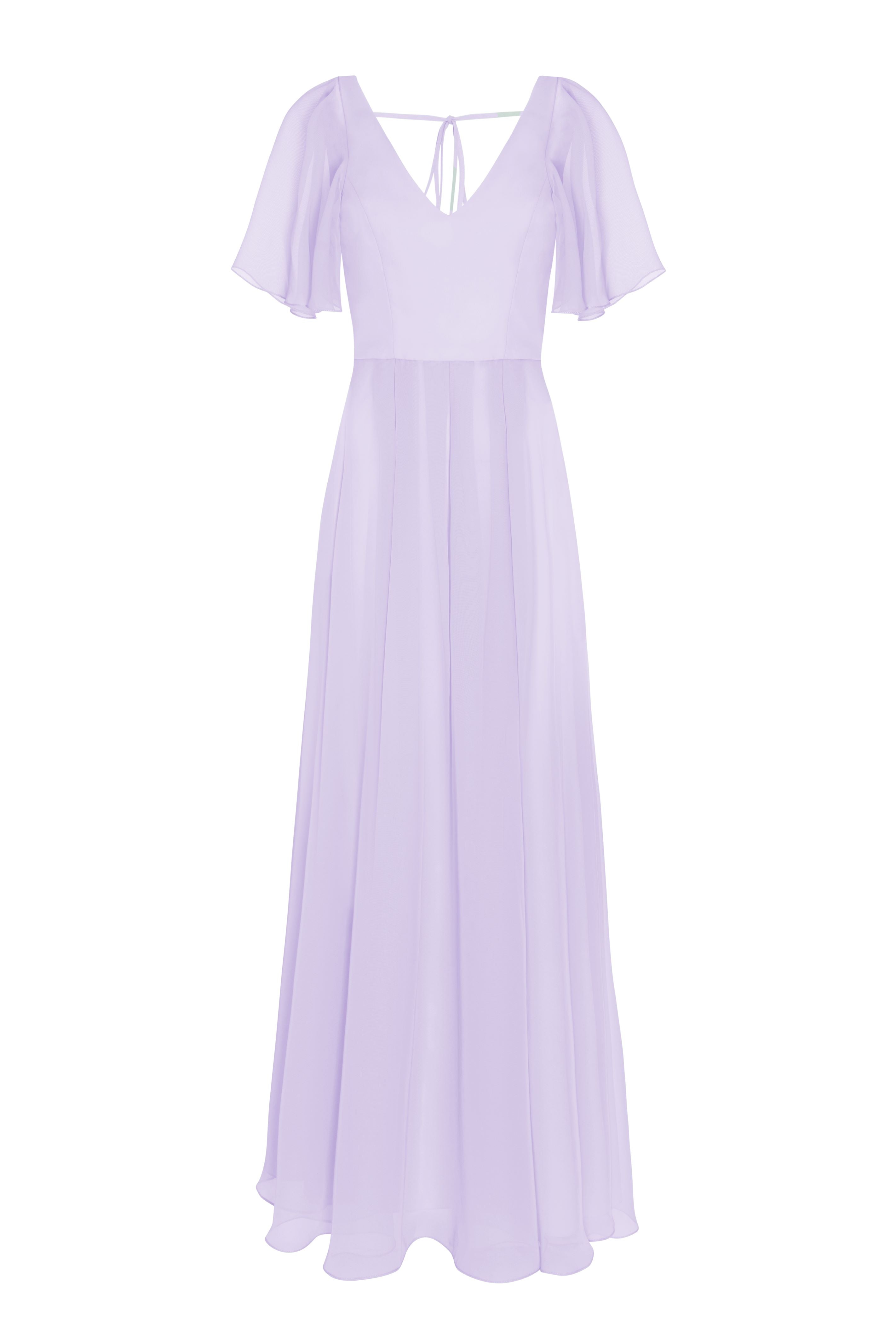 A lilac bridesmaid dress in chiffon with v front neckline, flutter sleeves and flowing chiffon skirt by TH&TH Bridesmaids. 