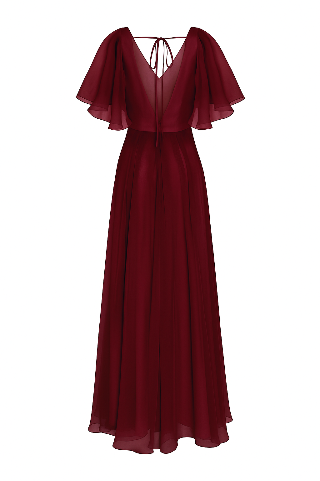 A merlot bridesmaid dress in chiffon with low V back, flutter sleeves and flowing chiffon skirt by TH&TH Bridesmaids. 
