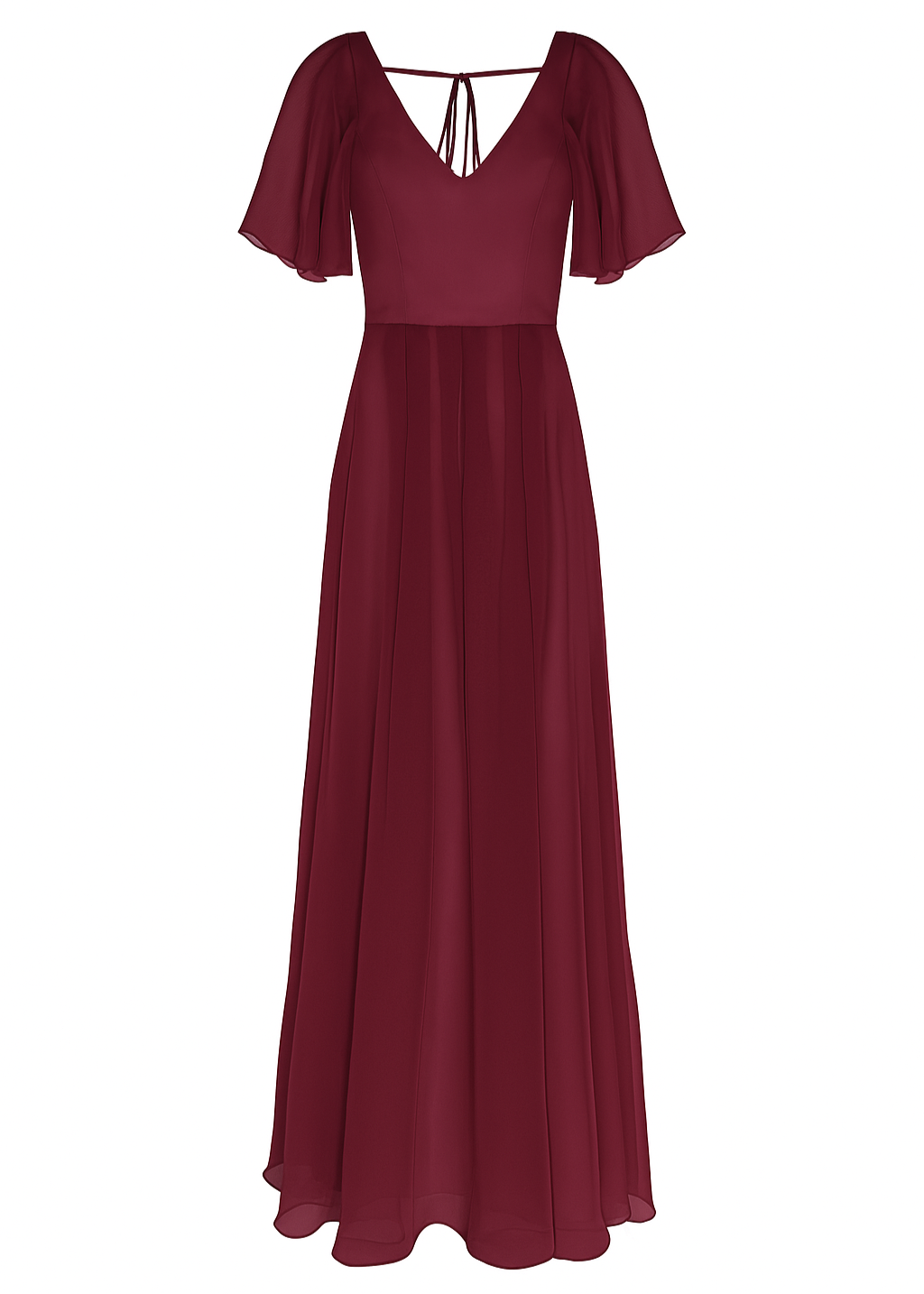 A merlot bridesmaid dress in chiffon with v front neckline, flutter sleeves and flowing chiffon skirt by TH&TH Bridesmaids. 
