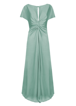 A sage green satin bridesmaid dress with v twist front neckline, flutter sleeves on a white background by TH&TH Bridesmaids. 
