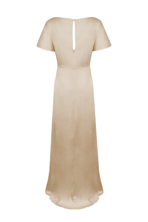 A champagne satin bridesmaid dress with  flutter sleeves on a white background by TH&TH Bridesmaids. 
