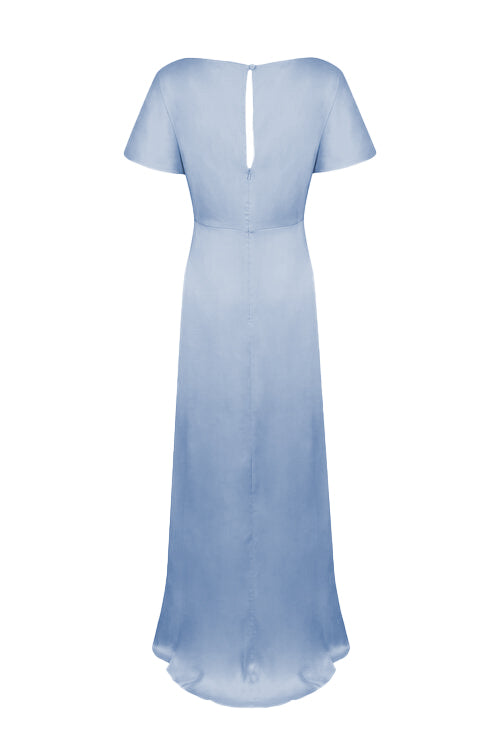 A dusty blue satin bridesmaid dress with v twist front neckline, flutter sleeves on a white background by TH&TH Bridesmaids.