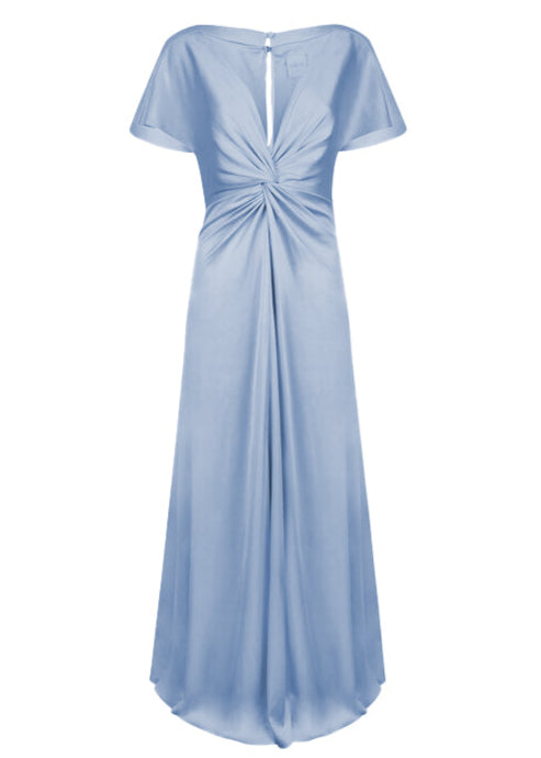 A dusty blue satin bridesmaid dress with v twist front neckline, flutter sleeves on a white background by TH&TH Bridesmaids.
