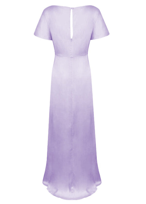 A lilac satin bridesmaid dress with v twist front neckline, flutter sleeves on a white background by TH&TH Bridesmaids. 
