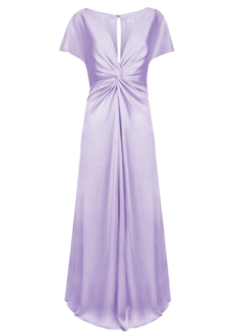 A lilac satin bridesmaid dress with v twist front neckline, flutter sleeves on a white background by TH&TH Bridesmaids. 

