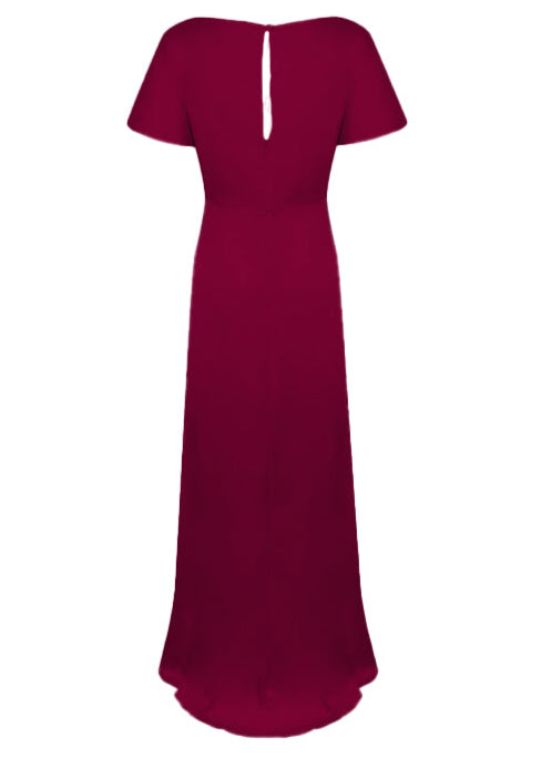 A merlot satin bridesmaid dress with v twist front neckline, flutter sleeves on a white background by TH&TH Bridesmaids.
