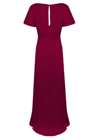 A merlot satin bridesmaid dress with v twist front neckline, flutter sleeves on a white background by TH&TH Bridesmaids.
