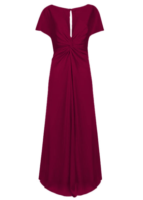 A woman wearing a merlot satin bridesmaid dress with v twist front neckline, flutter sleeves on a white background by TH&TH Bridesmaids.
