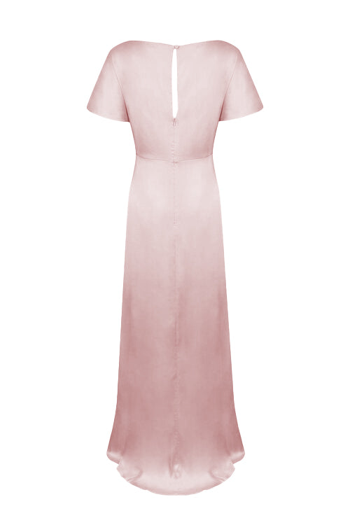 A pink blush pink satin bridesmaid dress with keyhole opening back, flutter sleeves on a white background by TH&TH Bridesmaids. 
