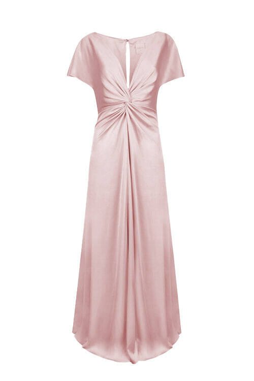 A  pink satin bridesmaid dress with v twist front neckline, flutter sleeves on a white background by TH&TH Bridesmaids. 
