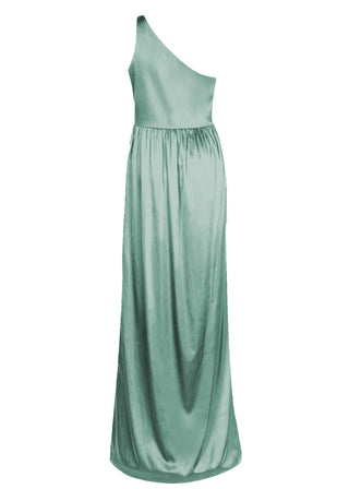 A TH&TH sage green satin one shoulder bridesmaid gown back static view.