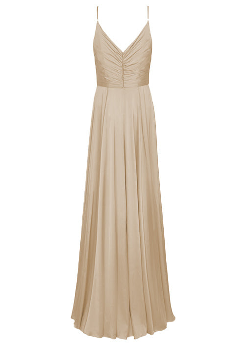 A floor length champagne satin bridesmaid dress with V back and spaghetti straps by TH&TH Bridesmaids.