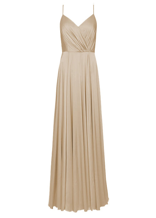 A floor length champagne satin bridesmaid dress with gathered wrap front and spaghetti straps by TH&TH Bridesmaids.