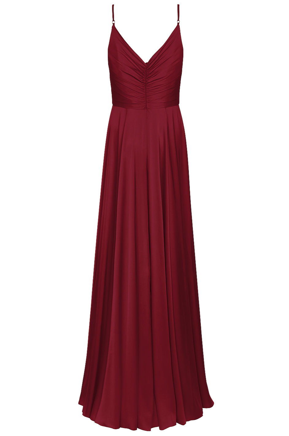 A floor length burgundy satin bridesmaid dress with V back and spaghetti straps by TH&TH Bridesmaids.

