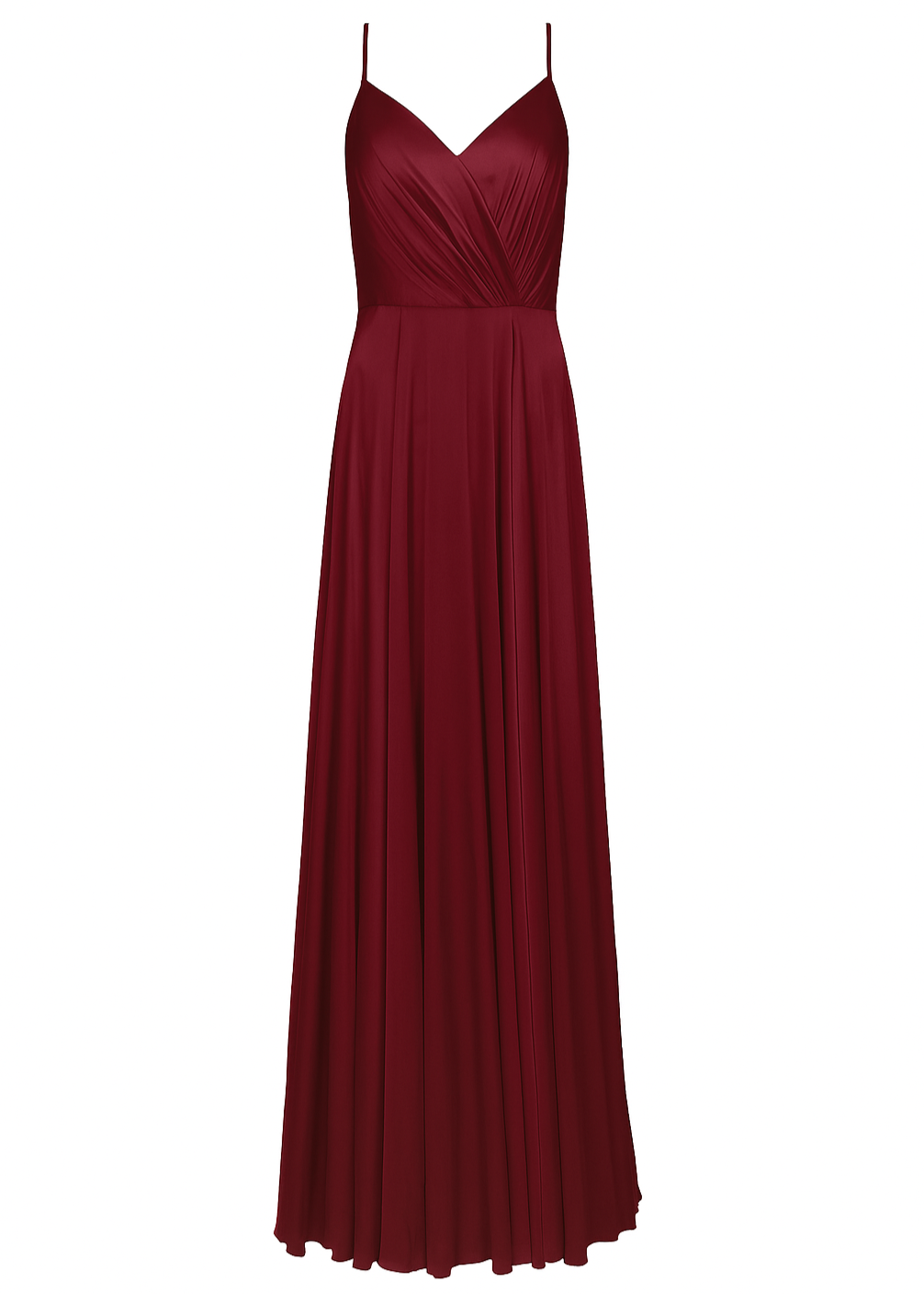 A floor length burgundy satin bridesmaid dress with V back and spaghetti straps by TH&TH Bridesmaids.
