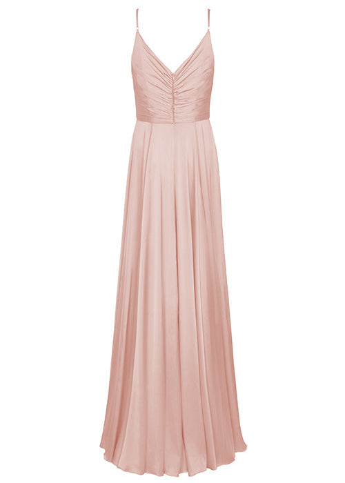 A floor length blush pink satin bridesmaid dress with V back and spaghetti straps by TH&TH Bridesmaids.
