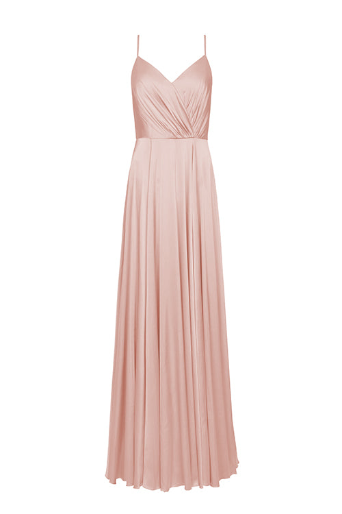 A floor length blush pink satin bridesmaid dress with V back and spaghetti straps by TH&TH Bridesmaids.
