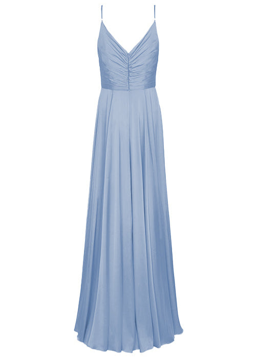 Model wearing a floor length dusty blue bridesmaid dress with V back and spaghetti straps by TH&TH Bridesmaids.