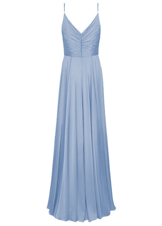 Model wearing a floor length dusty blue bridesmaid dress with V back and spaghetti straps by TH&TH Bridesmaids.