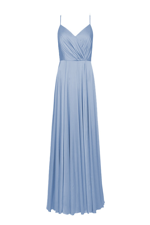 A floor length dusty blue bridesmaid dress with V back and spaghetti straps by TH&TH Bridesmaids.