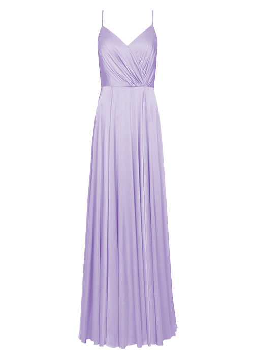 A floor length lilac satin bridesmaid dress with V back and spaghetti straps by TH&TH Bridesmaids.
