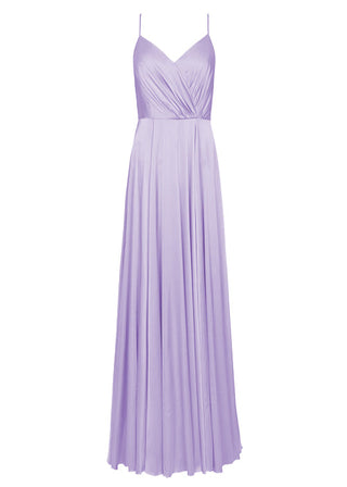 A floor length lilac satin bridesmaid dress with V back and spaghetti straps by TH&TH Bridesmaids.
