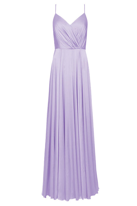 A floor length lilac satin bridesmaid dress with V back and spaghetti straps by TH&TH Bridesmaids.

