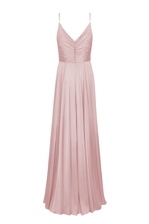 A floor length pink satin bridesmaid dress with V back and spaghetti straps by TH&TH Bridesmaids.
