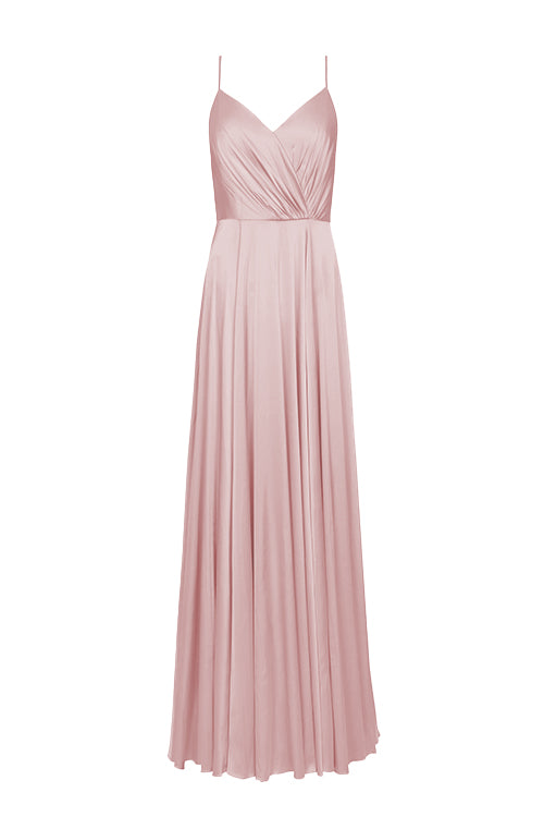 A floor length pink satin bridesmaid dress with V back and spaghetti straps by TH&TH Bridesmaids.

