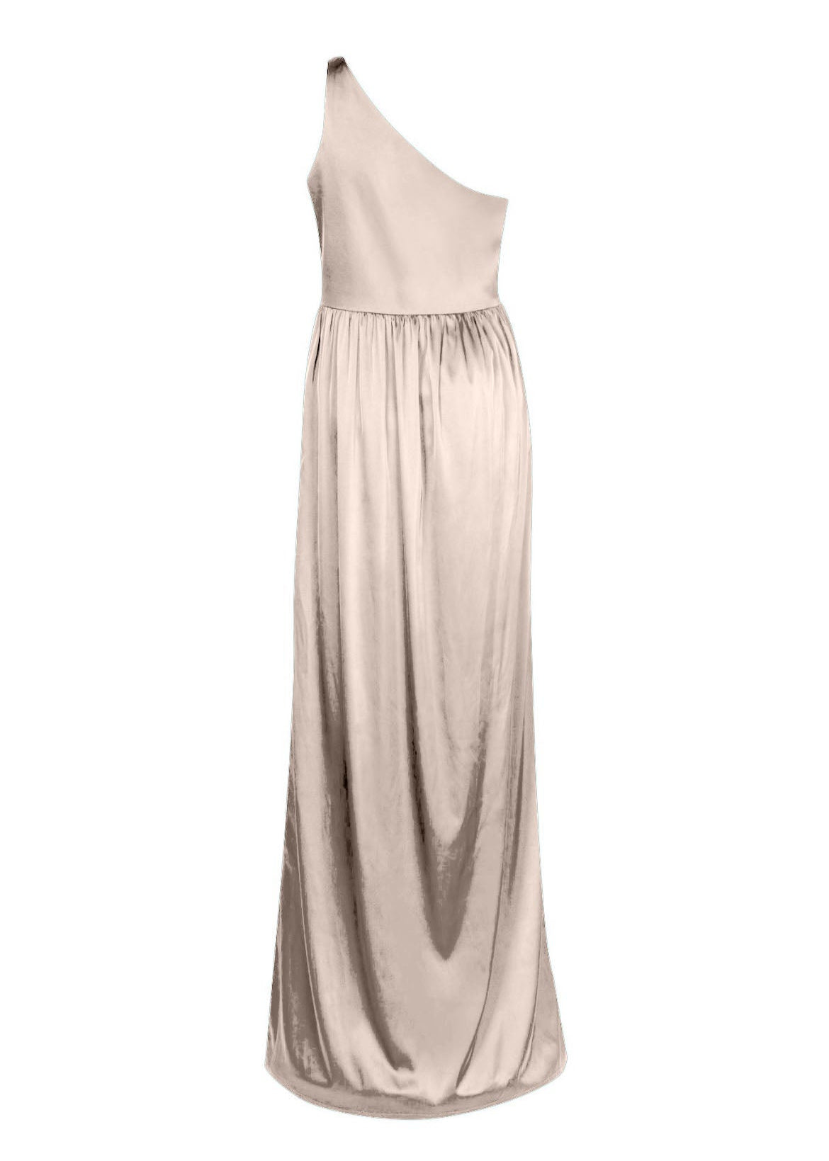 A floor length champagne satin bridesmaid dress with one shoulder and gathered skirt by TH&TH Bridesmaids.
